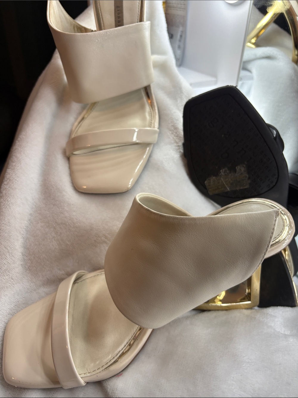 Gianni Bini Cream Open-Toe Block Heel Sandals with Gold Accent
 Black is sold